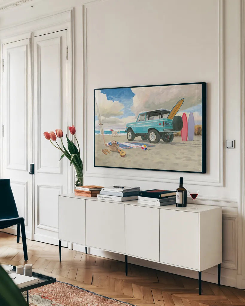Beach Ride I by James Wiens. shown as a framed stretched canvas in a living room above a console. Available as a archival giclee rolled canvas, fine art paper, or poster print. SKU 73131i.
