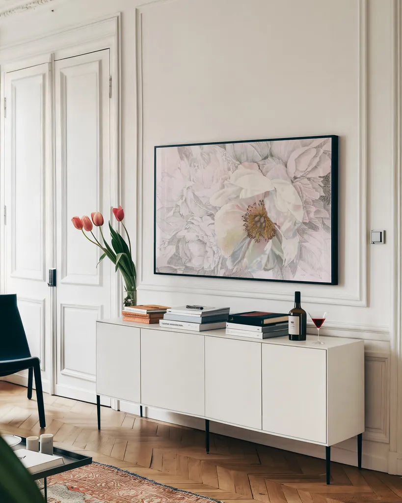 Blooming Sketch by James Wiens. shown as a framed stretched canvas in a living room above a console. Available as a archival giclee rolled canvas, fine art paper, or poster print. SKU 50318i.