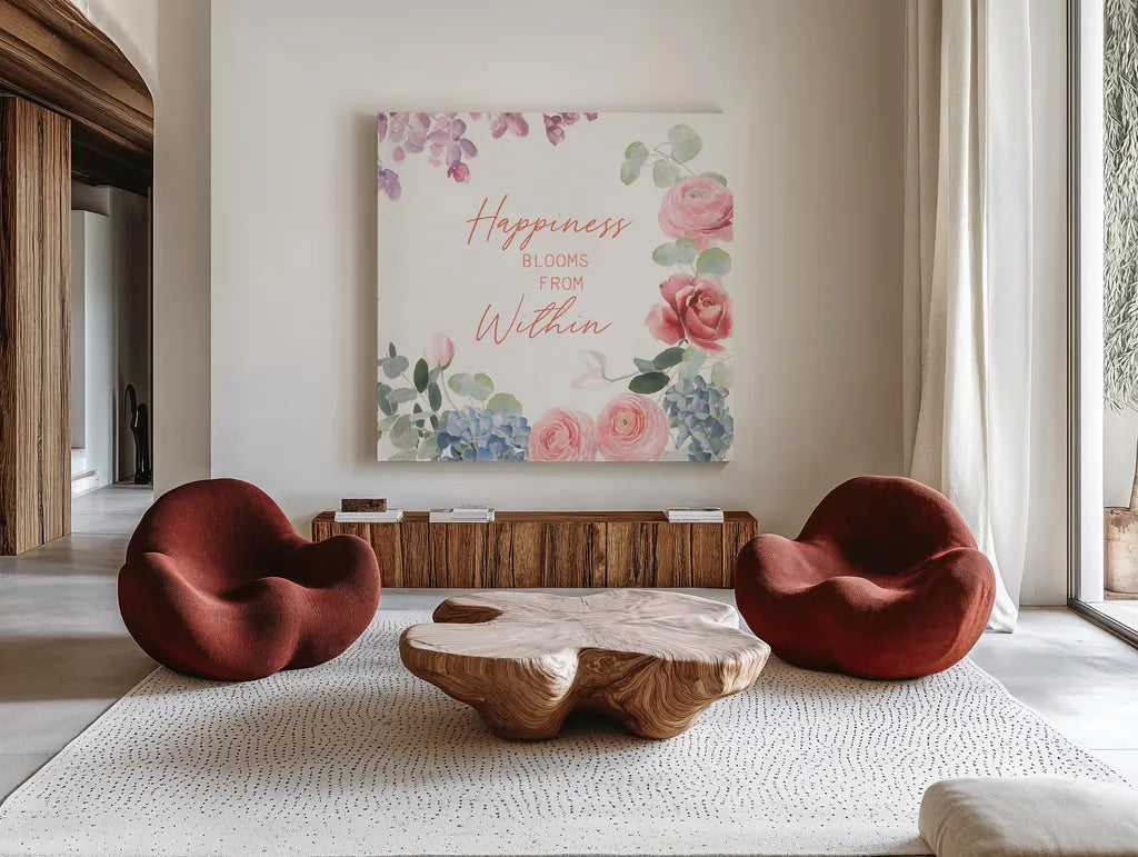 Boho Bouquet XVI by James Wiens. Shown as extra-large giant wall art in a modern living room. Available as an archival giclee rolled canvas, fine art paper, or poster print. SKU 68456a.
