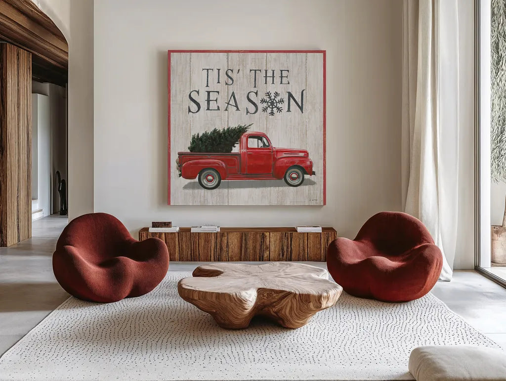 Christmas Affinity XI by James Wiens. Shown as extra-large giant wall art in a modern living room. Available as an archival giclee rolled canvas, fine art paper, or poster print. SKU 42607a.