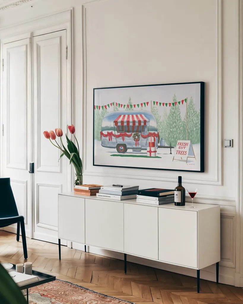 Christmas Farm IV by James Wiens. shown as a framed stretched canvas in a living room above a console. Available as a archival giclee rolled canvas, fine art paper, or poster print. SKU 71006i.