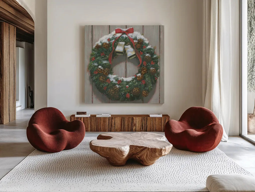 Christmas in the Heartland Wreath by James Wiens. Shown as extra-large giant wall art in a modern living room. Available as an archival giclee rolled canvas, fine art paper, or poster print. SKU 65420a.