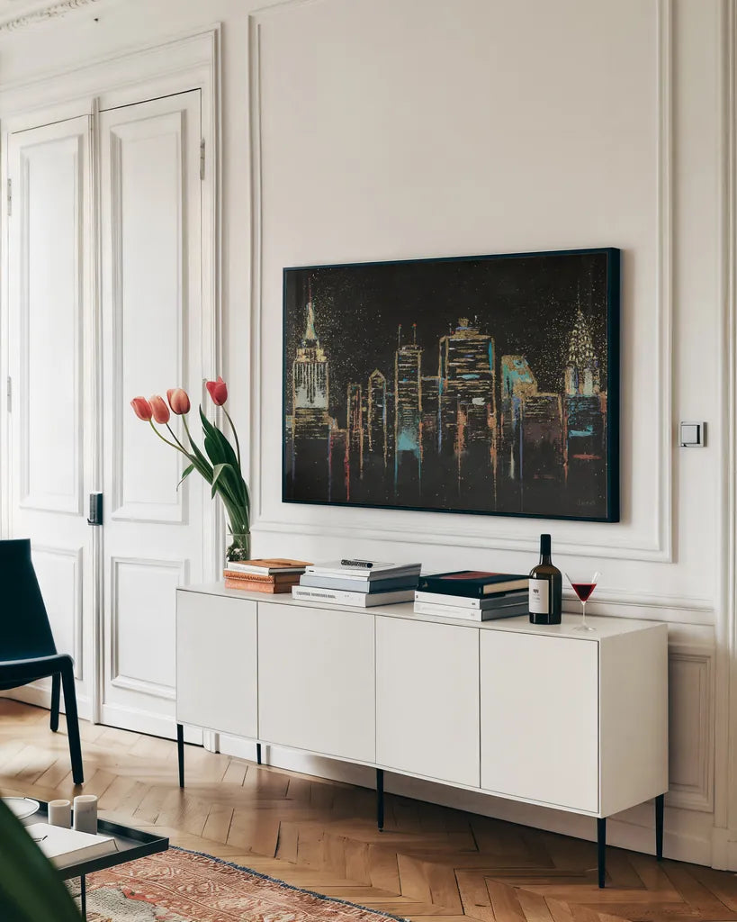 Cityscape Crop by James Wiens. shown as a framed stretched canvas in a living room above a console. Available as a archival giclee rolled canvas, fine art paper, or poster print. SKU 18259i.