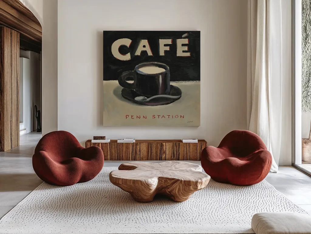 Coffee Spot I by James Wiens. Shown as extra-large giant wall art in a modern living room. Available as an archival giclee rolled canvas, fine art paper, or poster print. SKU 17581a.