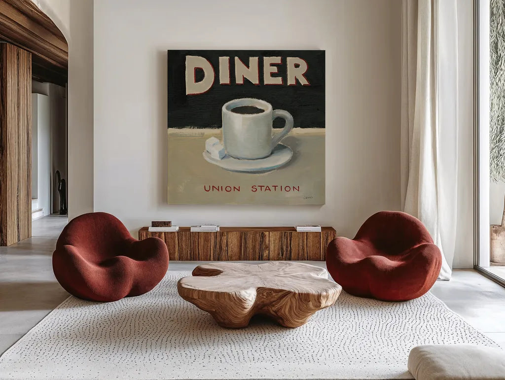 Coffee Spot II by James Wiens. Shown as extra-large giant wall art in a modern living room. Available as an archival giclee rolled canvas, fine art paper, or poster print. SKU 17582a.