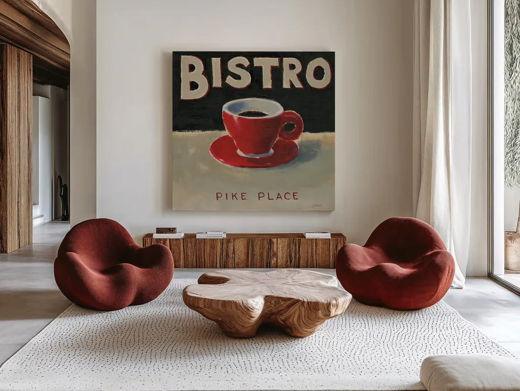 Coffee Spot IV by James Wiens. Shown as extra-large giant wall art in a modern living room. Available as an archival giclee rolled canvas, fine art paper, or poster print. SKU 17584a.