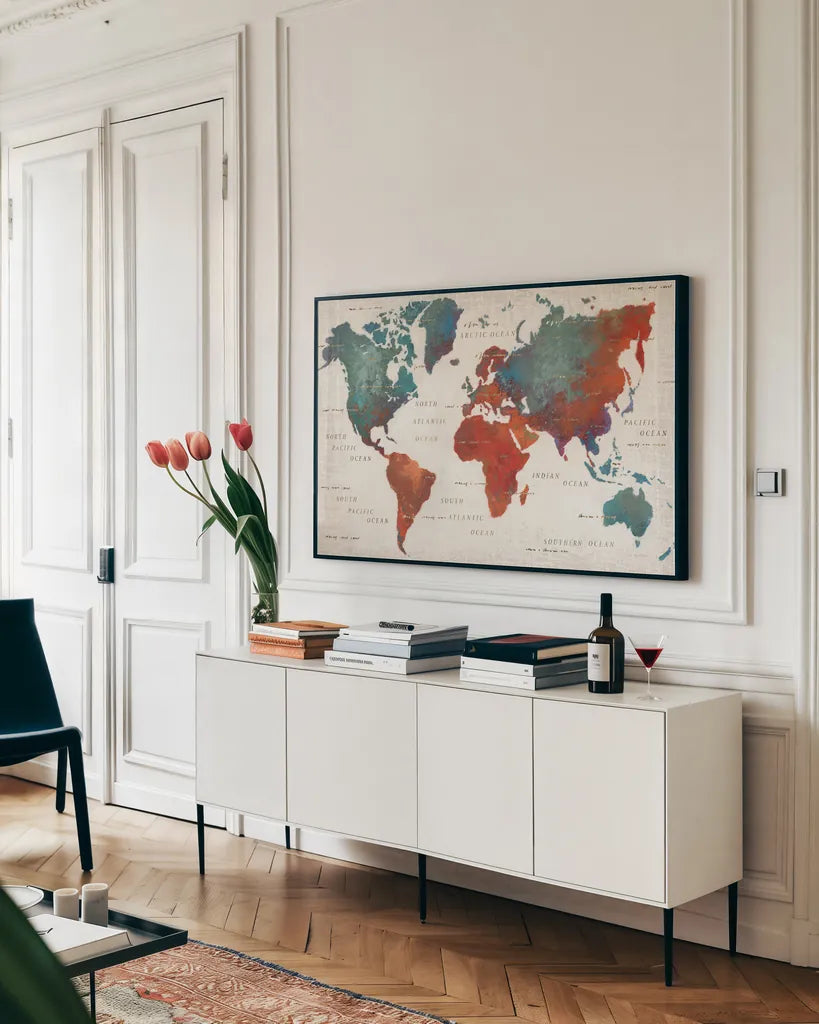 Colorful World I by James Wiens. shown as a framed stretched canvas in a living room above a console. Available as a archival giclee rolled canvas, fine art paper, or poster print. SKU 17373i.