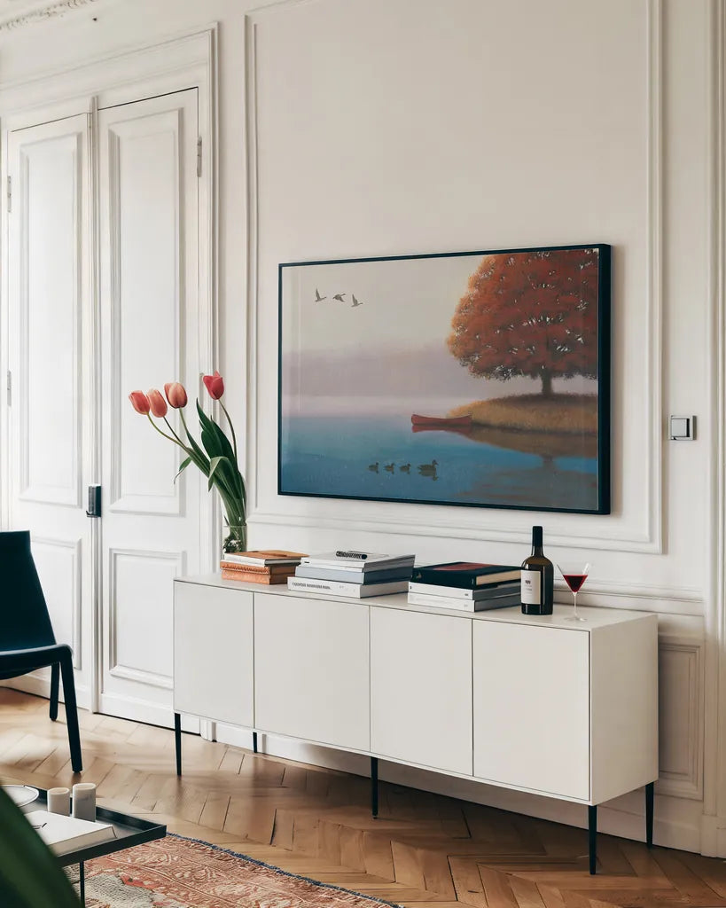 Early in the Morning by James Wiens. shown as a framed stretched canvas in a living room above a console. Available as a archival giclee rolled canvas, fine art paper, or poster print. SKU 20446i.