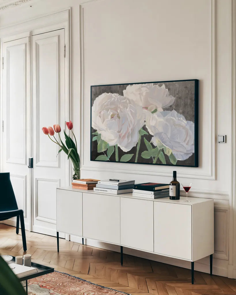 Essence of June I Black by James Wiens. shown as a framed stretched canvas in a living room above a console. Available as a archival giclee rolled canvas, fine art paper, or poster print. SKU 52073i.