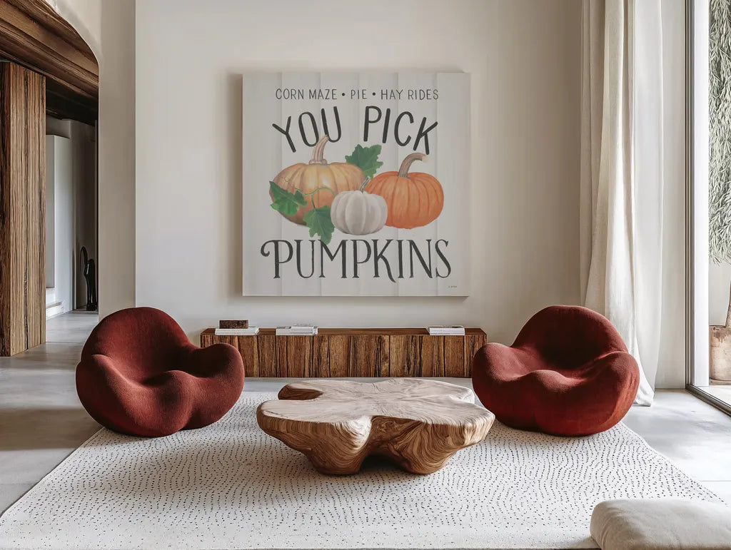 Fall at the Farm VII by James Wiens. Shown as extra-large giant wall art in a modern living room. Available as an archival giclee rolled canvas, fine art paper, or poster print. SKU 79921a.