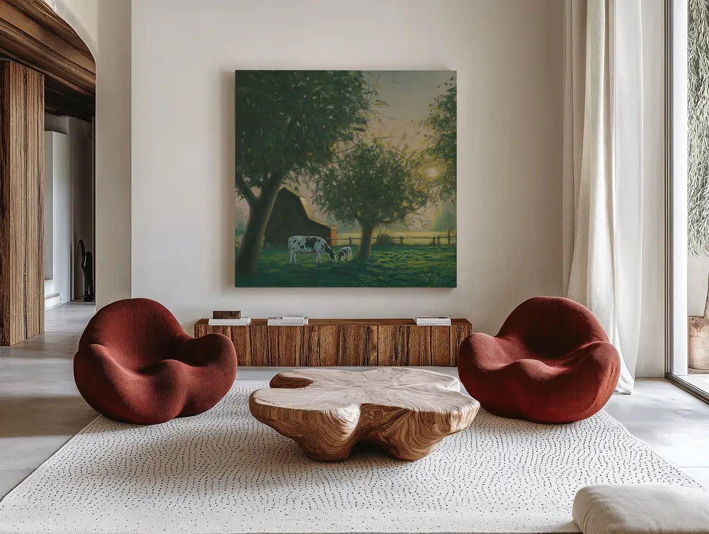 Farm Life IV by James Wiens. Shown as extra-large giant wall art in a modern living room. Available as an archival giclee rolled canvas, fine art paper, or poster print. SKU 32389a.