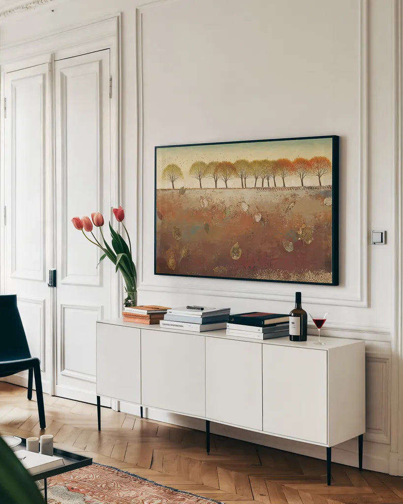 Field and Forest by James Wiens. shown as a framed stretched canvas in a living room above a console. Available as a archival giclee rolled canvas, fine art paper, or poster print. SKU 27766i.