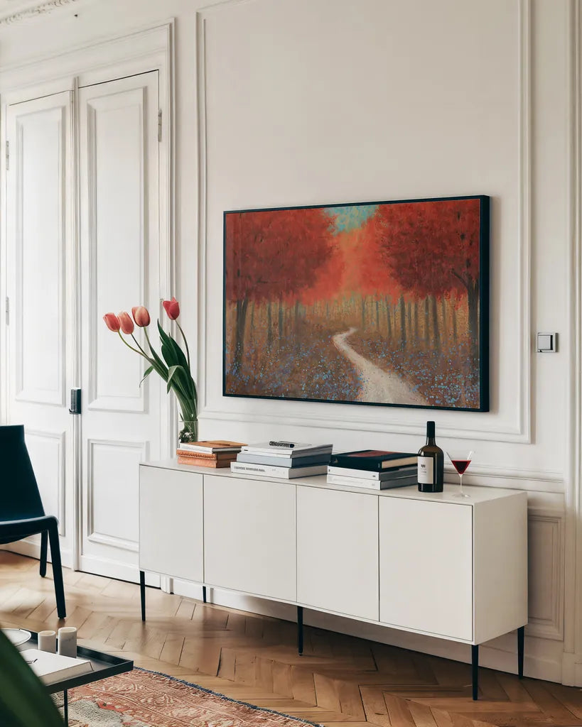 Forest Pathway by James Wiens. shown as a framed stretched canvas in a living room above a console. Available as a archival giclee rolled canvas, fine art paper, or poster print. SKU 20463i.
