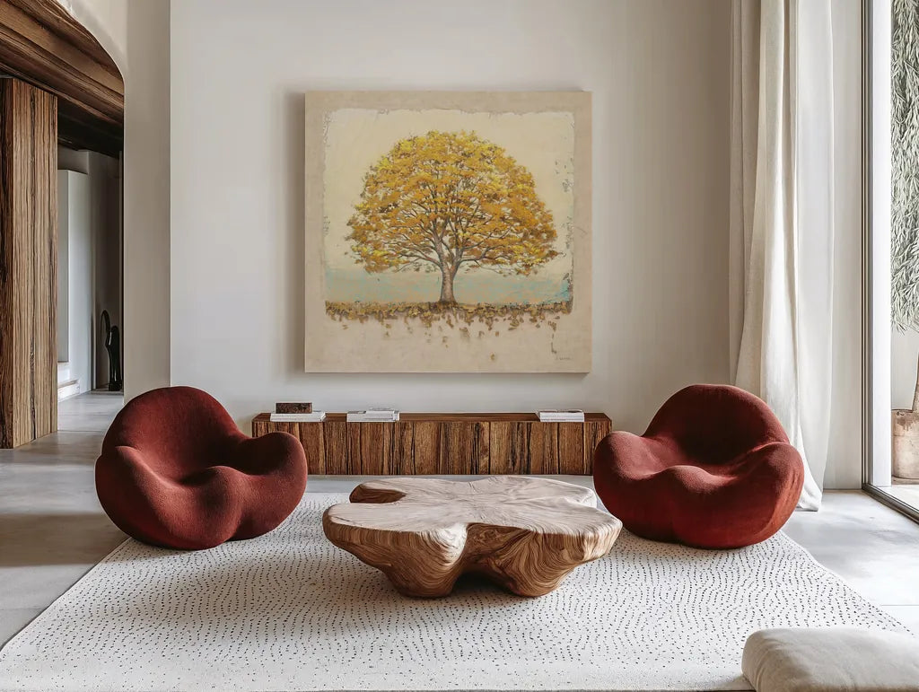 Golden Oak on Canvas by James Wiens. Shown as extra-large giant wall art in a modern living room. Available as an archival giclee rolled canvas, fine art paper, or poster print. SKU 33246a.