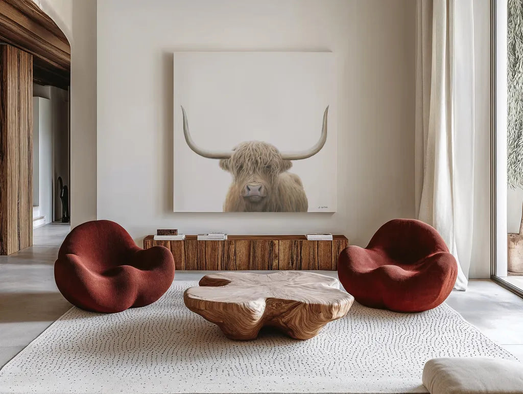 Highland Cow Sepia Sq by James Wiens. Shown as extra-large giant wall art in a modern living room. Available as an archival giclee rolled canvas, fine art paper, or poster print. SKU 50231a.