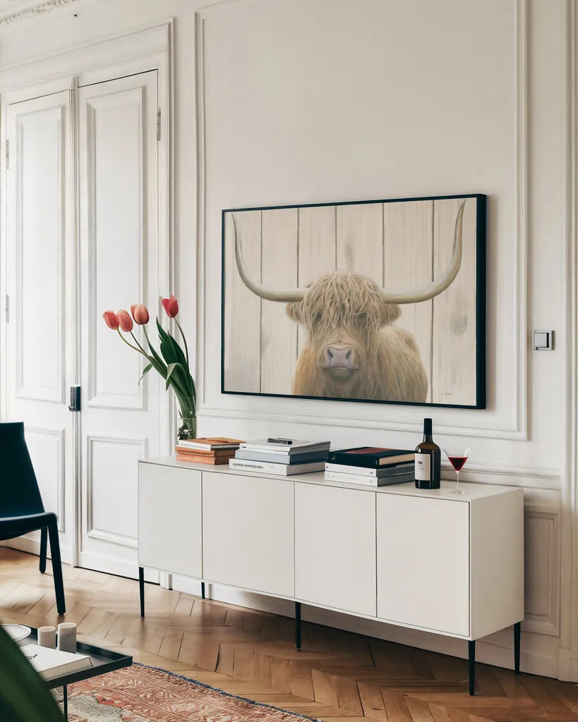Highland Cow Shiplap by James Wiens. shown as a framed stretched canvas in a living room above a console. Available as a archival giclee rolled canvas, fine art paper, or poster print. SKU 52459i.