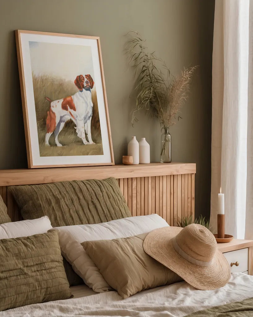Hunting Dog I by James Wiens. shown as a paper print in a natural frame. Available as a archival giclee rolled canvas, fine art paper, or poster print. SKU 76114h.