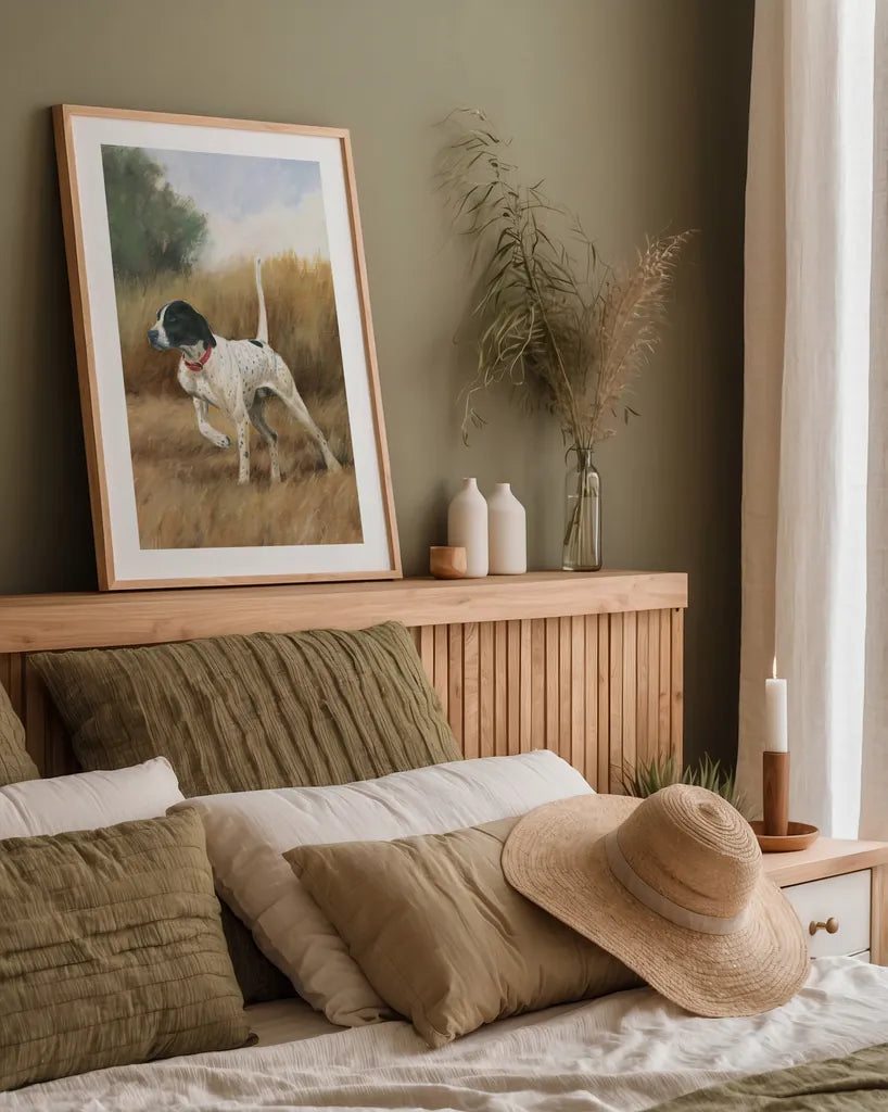 Hunting Dog II by James Wiens. shown as a paper print in a natural frame. Available as a archival giclee rolled canvas, fine art paper, or poster print. SKU 76115h.