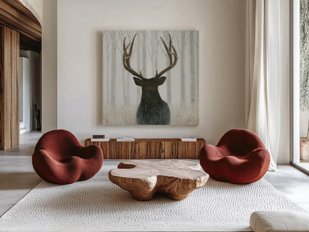 Into the Forest Crop by James Wiens. Shown as extra-large giant wall art in a modern living room. Available as an archival giclee rolled canvas, fine art paper, or poster print. SKU 22187a.