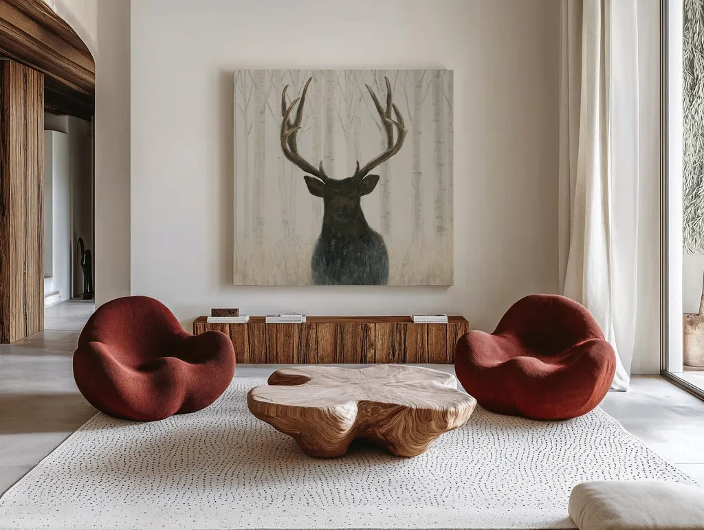 Into the Forest Warm Crop by James Wiens. Shown as extra-large giant wall art in a modern living room. Available as an archival giclee rolled canvas, fine art paper, or poster print. SKU 50174a.