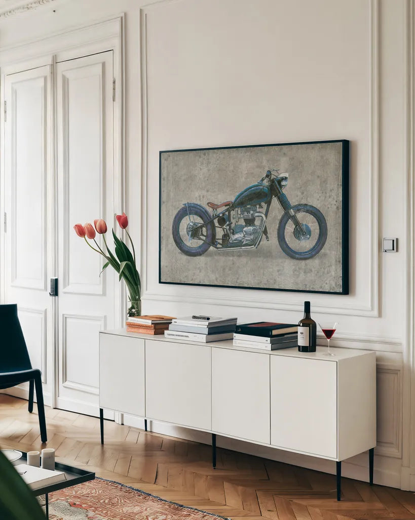 Lets Roll I Grunge by James Wiens. shown as a framed stretched canvas in a living room above a console. Available as a archival giclee rolled canvas, fine art paper, or poster print. SKU 54950i.
