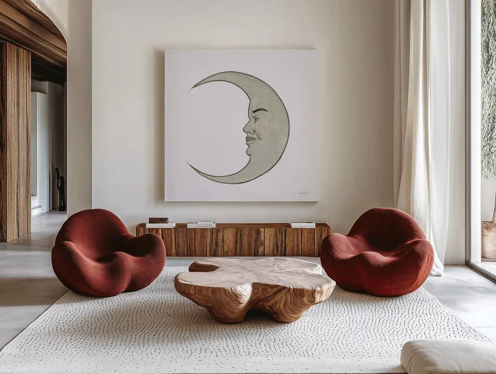 Moon by James Wiens. Shown as extra-large giant wall art in a modern living room. Available as an archival giclee rolled canvas, fine art paper, or poster print. SKU 76375a.