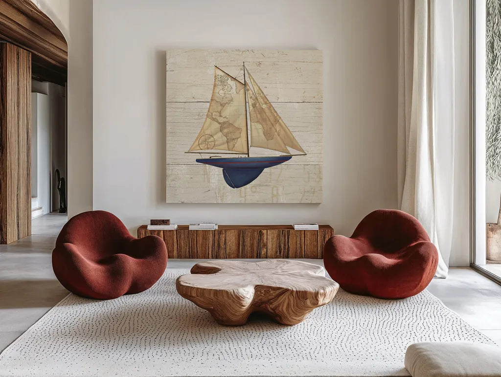 Nautique I by James Wiens. Shown as extra-large giant wall art in a modern living room. Available as an archival giclee rolled canvas, fine art paper, or poster print. SKU 21076a.