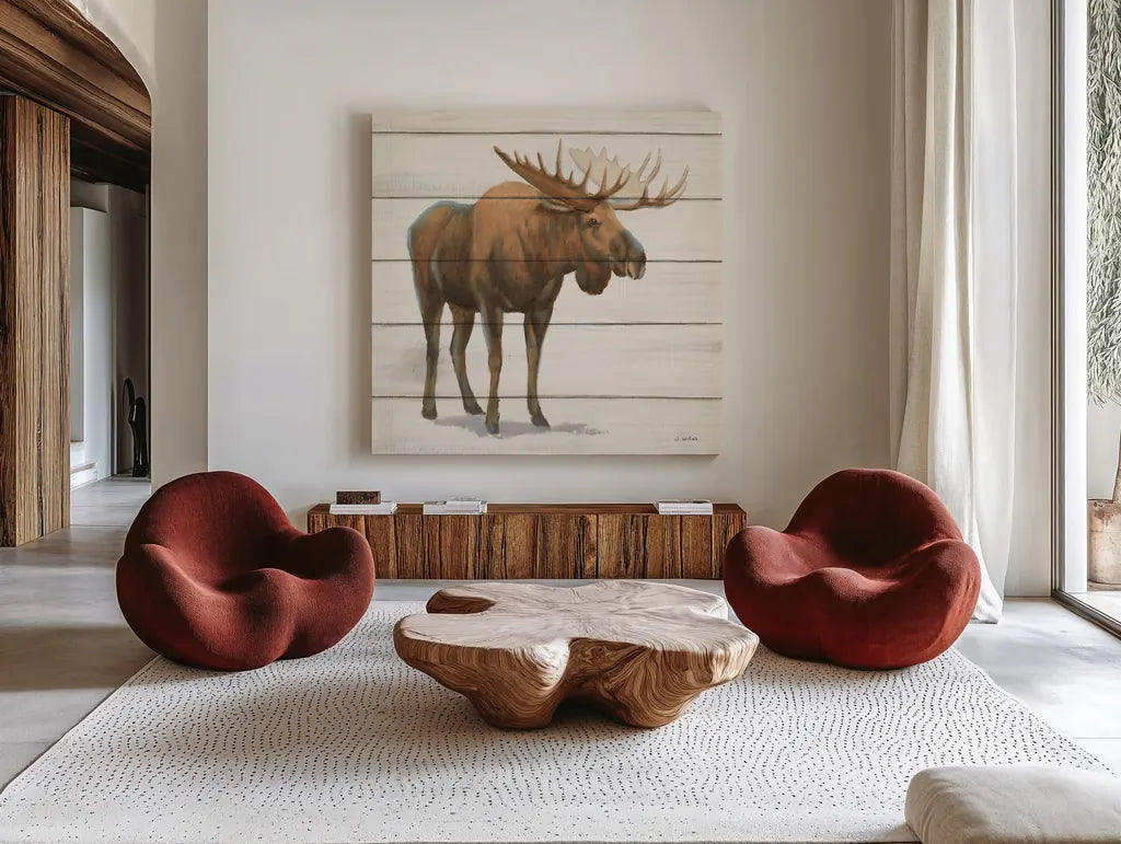 Northern Wild VI on Wood by James Wiens. Shown as extra-large giant wall art in a modern living room. Available as an archival giclee rolled canvas, fine art paper, or poster print. SKU 69073a.