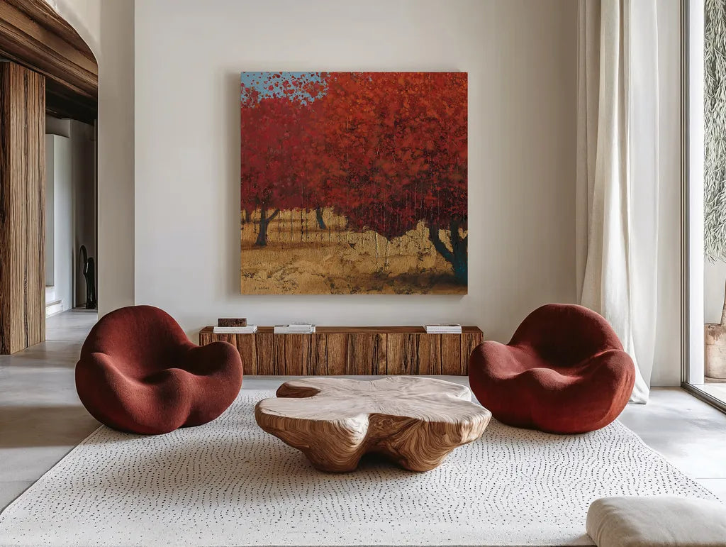 Orange Trees III Square I by James Wiens. Shown as extra-large giant wall art in a modern living room. Available as an archival giclee rolled canvas, fine art paper, or poster print. SKU 18629a.