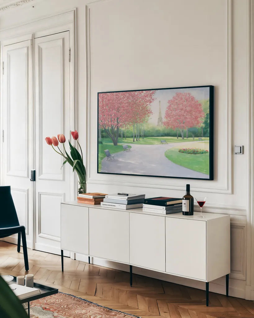 Parisian Spring by James Wiens. shown as a framed stretched canvas in a living room above a console. Available as a archival giclee rolled canvas, fine art paper, or poster print. SKU 33859i.
