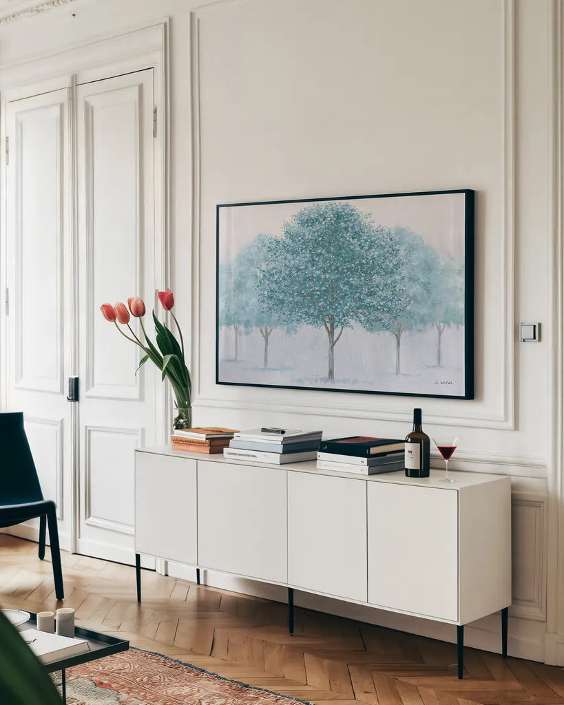 Peaceful Grove by James Wiens. shown as a framed stretched canvas in a living room above a console. Available as a archival giclee rolled canvas, fine art paper, or poster print. SKU 36195i.