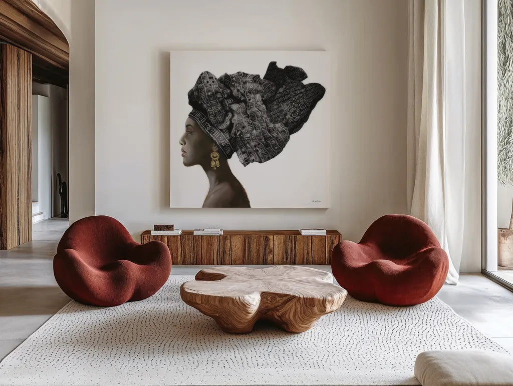 Pure Style Black by James Wiens. Shown as extra-large giant wall art in a modern living room. Available as an archival giclee rolled canvas, fine art paper, or poster print. SKU 49621a.