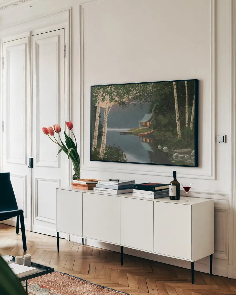 Quiet Evening I Summer by James Wiens. shown as a framed stretched canvas in a living room above a console. Available as a archival giclee rolled canvas, fine art paper, or poster print. SKU 69201i.