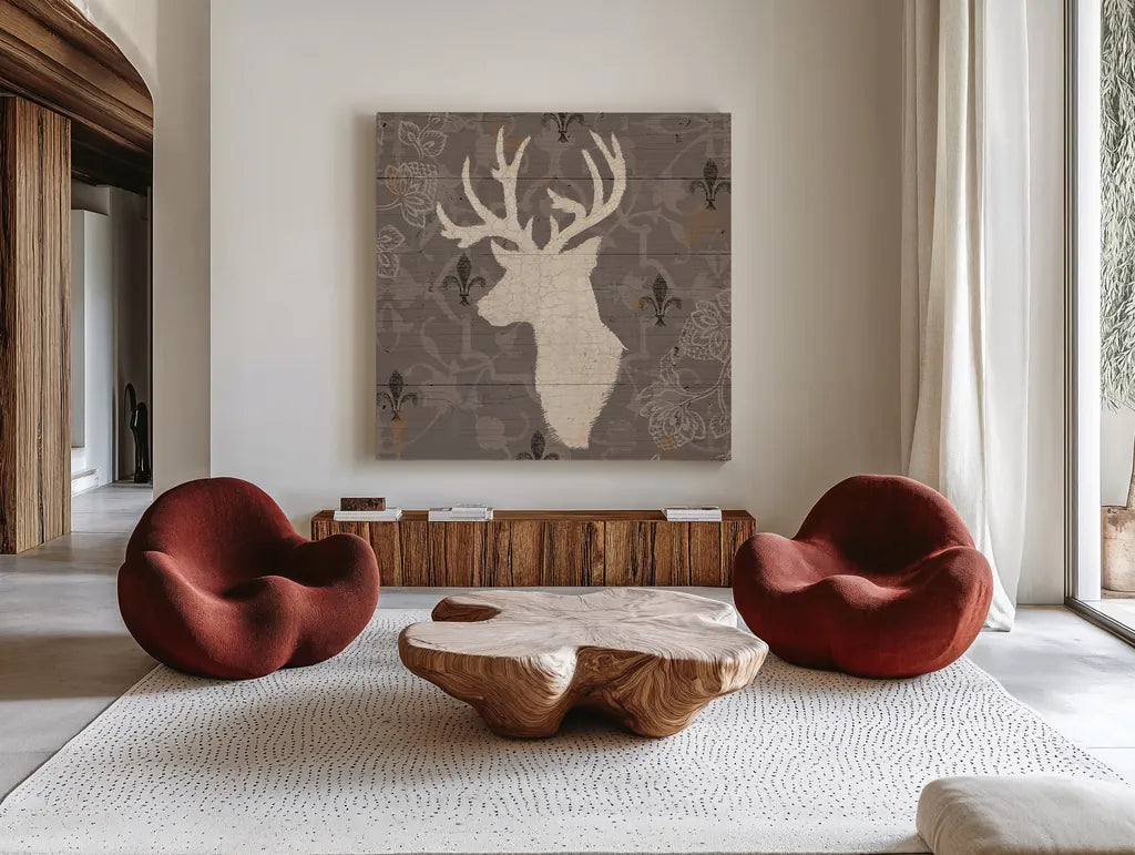 Rustic Elegance II with Red by James Wiens. Shown as extra-large giant wall art in a modern living room. Available as an archival giclee rolled canvas, fine art paper, or poster print. SKU 33329a.
