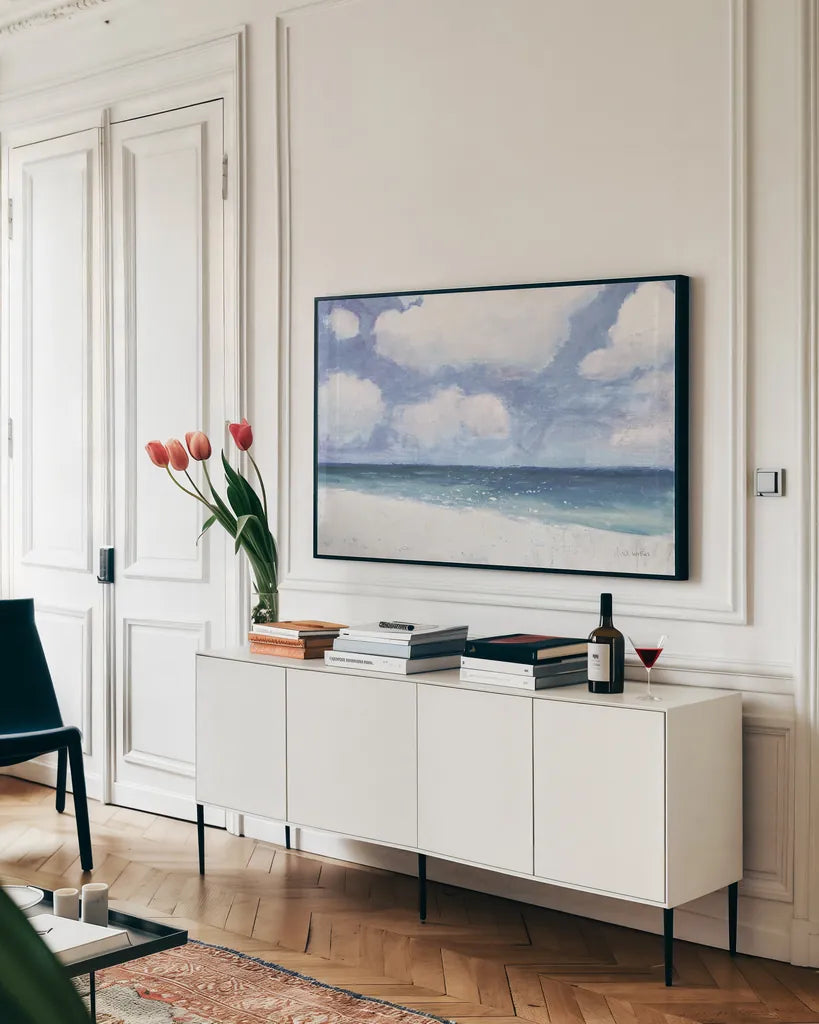 Seascape IV Blue Crop by James Wiens. shown as a framed stretched canvas in a living room above a console. Available as a archival giclee rolled canvas, fine art paper, or poster print. SKU 80599i.