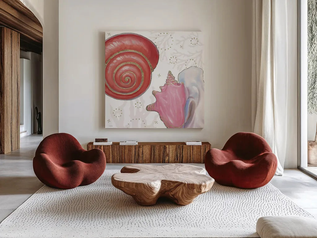 Shimmering Shells IV by James Wiens. Shown as extra-large giant wall art in a modern living room. Available as an archival giclee rolled canvas, fine art paper, or poster print. SKU 72589a.