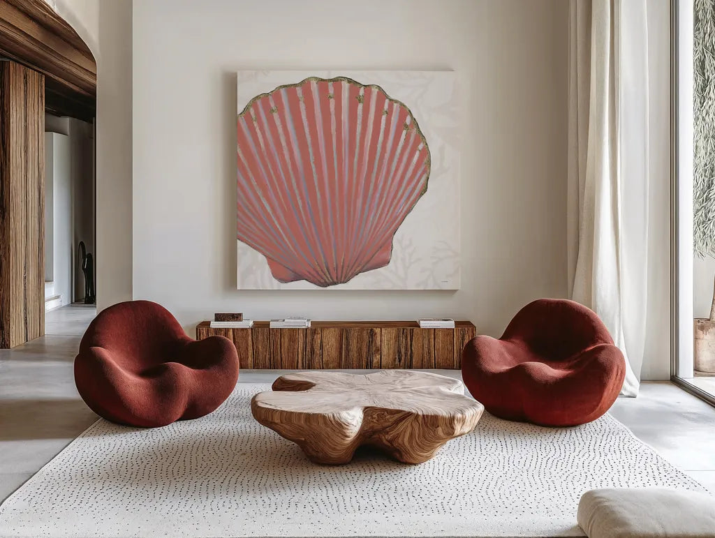 Shimmering Shells XI by James Wiens. Shown as extra-large giant wall art in a modern living room. Available as an archival giclee rolled canvas, fine art paper, or poster print. SKU 72596a.