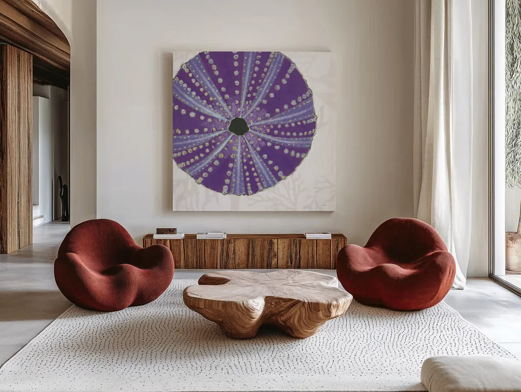 Shimmering Shells XIV by James Wiens. Shown as extra-large giant wall art in a modern living room. Available as an archival giclee rolled canvas, fine art paper, or poster print. SKU 72599a.