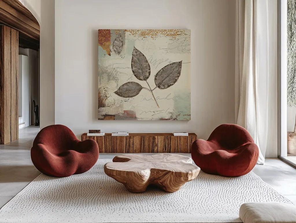 Silver Leaves II by James Wiens. Shown as extra-large giant wall art in a modern living room. Available as an archival giclee rolled canvas, fine art paper, or poster print. SKU 12259a.