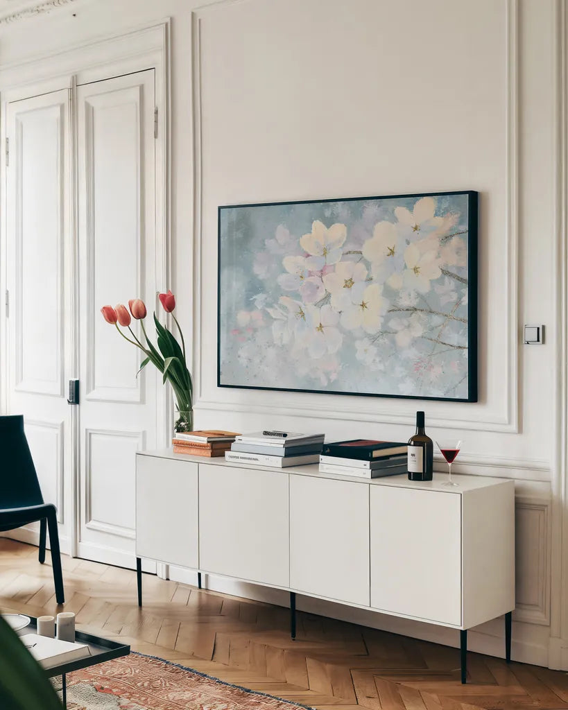 Splendid Bloom by James Wiens. shown as a framed stretched canvas in a living room above a console. Available as a archival giclee rolled canvas, fine art paper, or poster print. SKU 29189i.