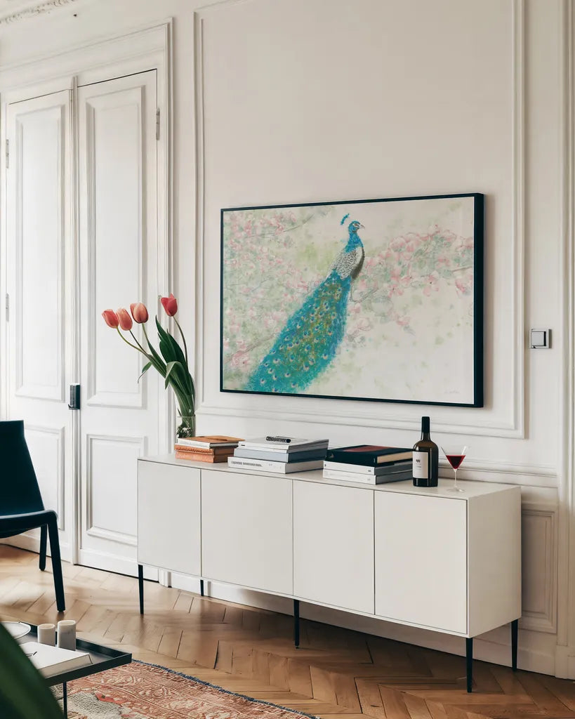 Spring Peacock I Pink Flowers by James Wiens. shown as a framed stretched canvas in a living room above a console. Available as a archival giclee rolled canvas, fine art paper, or poster print. SKU 24335i.