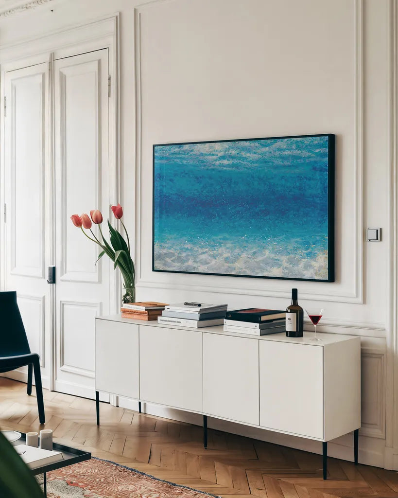 Underwater I by James Wiens. shown as a framed stretched canvas in a living room above a console. Available as a archival giclee rolled canvas, fine art paper, or poster print. SKU 21069i.
