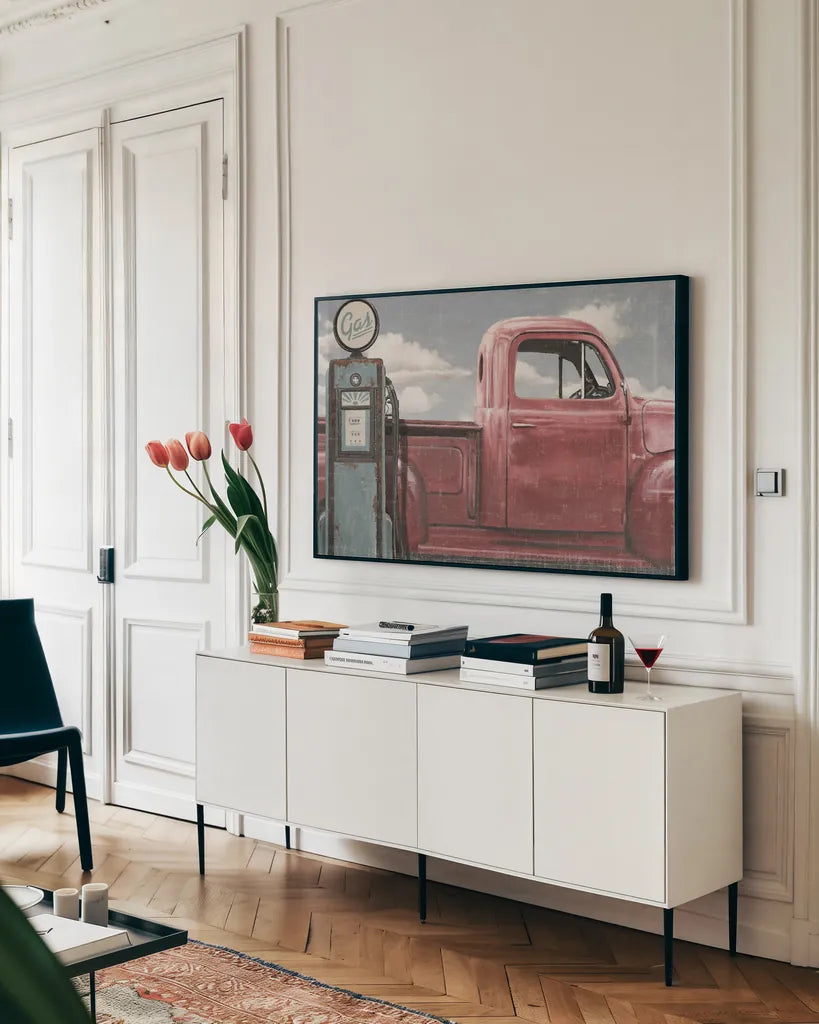 Vintage Truck I by James Wiens. shown as a framed stretched canvas in a living room above a console. Available as a archival giclee rolled canvas, fine art paper, or poster print. SKU 83532i.