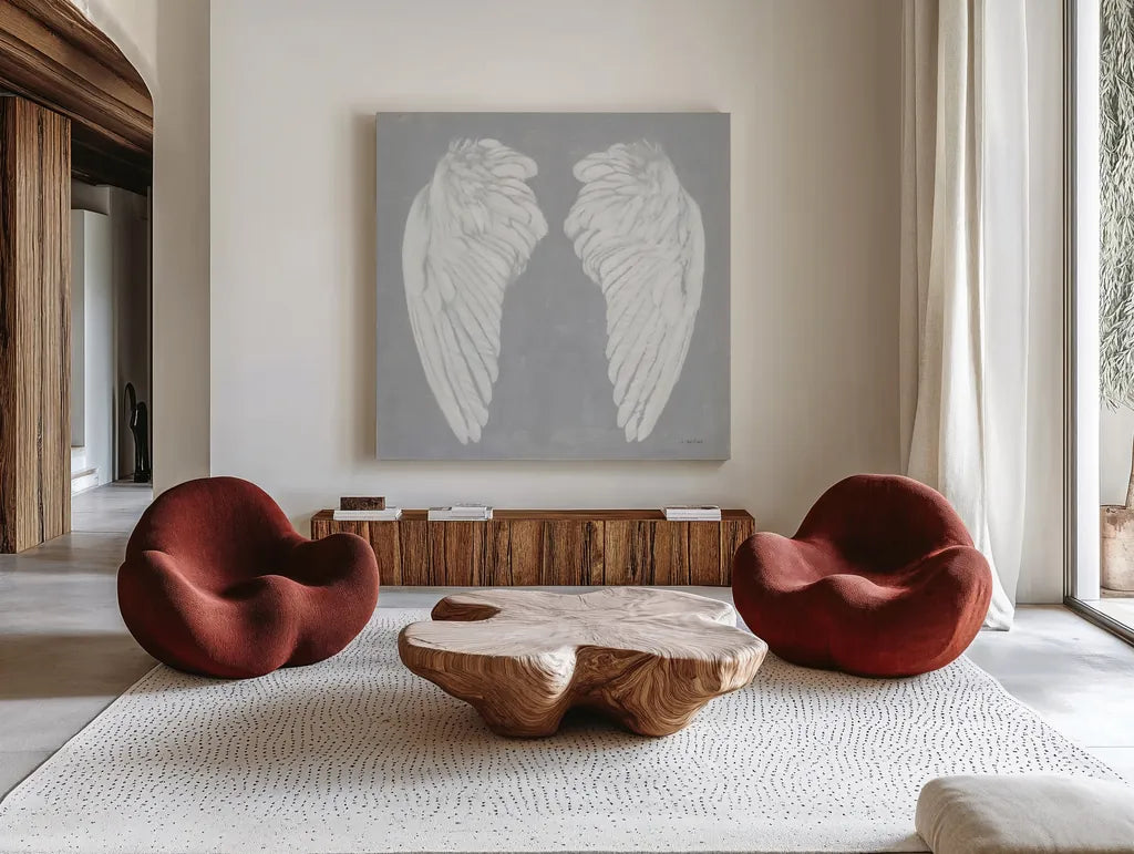 Wings I on Gray Flipped by James Wiens. Shown as extra-large giant wall art in a modern living room. Available as an archival giclee rolled canvas, fine art paper, or poster print. SKU 80197a.
