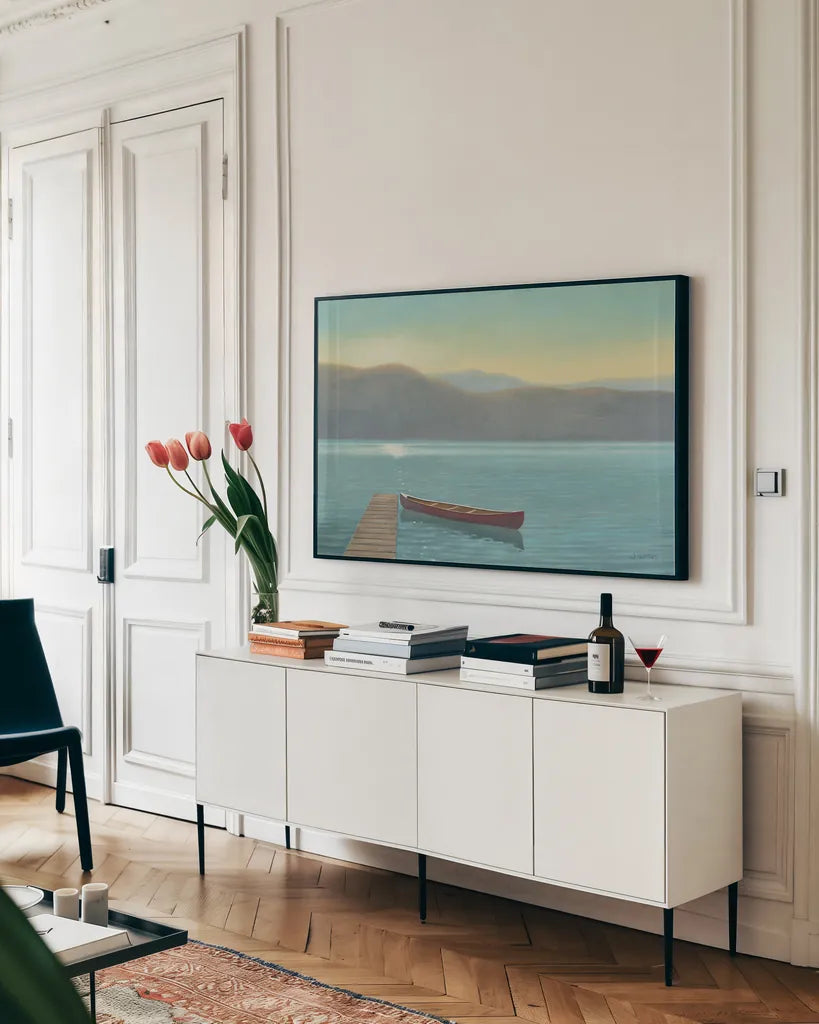 Zen Canoe II by James Wiens. shown as a framed stretched canvas in a living room above a console. Available as a archival giclee rolled canvas, fine art paper, or poster print. SKU 18508i.