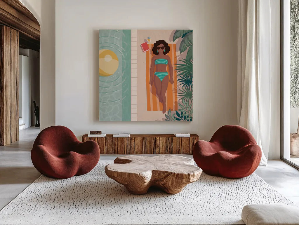 Beach Babes III by Janelle Penner. Shown as extra-large giant wall art in a modern living room. Available as an archival giclee rolled canvas, fine art paper, or poster print. SKU 67177a.