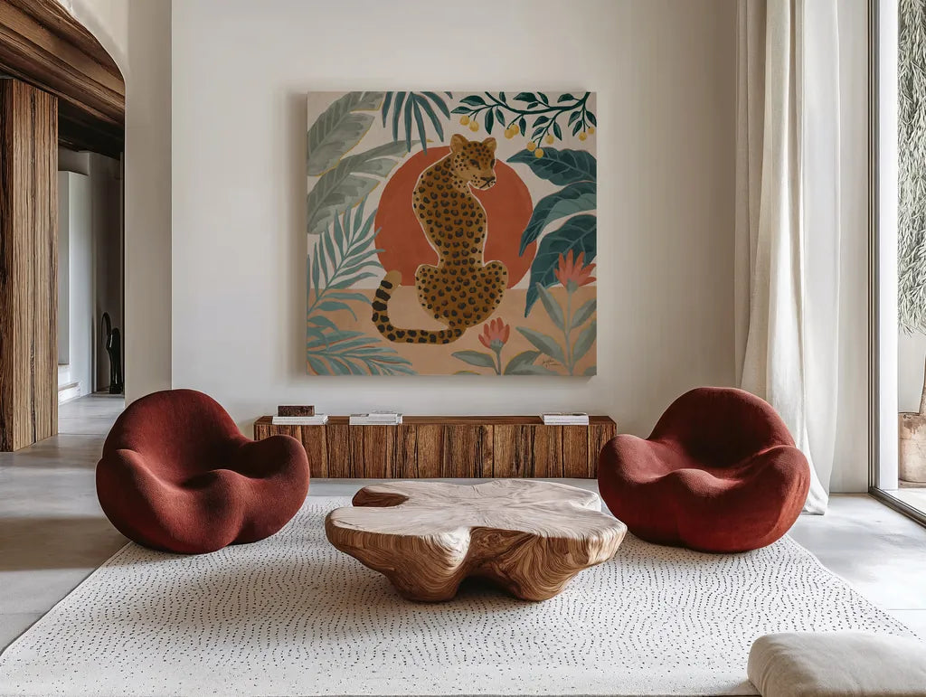 Big Cat Beauty II by Janelle Penner. Shown as extra-large giant wall art in a modern living room. Available as an archival giclee rolled canvas, fine art paper, or poster print. SKU 64883a.