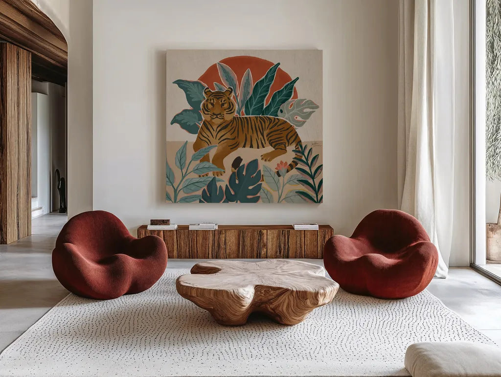 Big Cat Beauty III by Janelle Penner. Shown as extra-large giant wall art in a modern living room. Available as an archival giclee rolled canvas, fine art paper, or poster print. SKU 64884a.