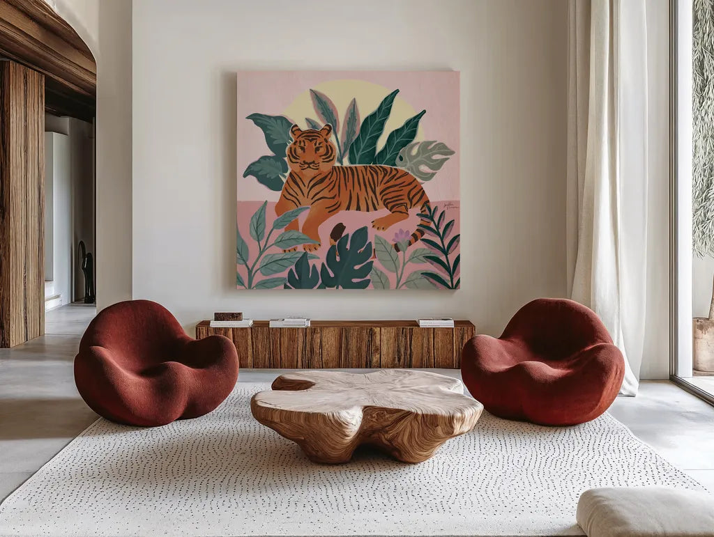 Big Cat Beauty III Pink by Janelle Penner. Shown as extra-large giant wall art in a modern living room. Available as an archival giclee rolled canvas, fine art paper, or poster print. SKU 87837a.