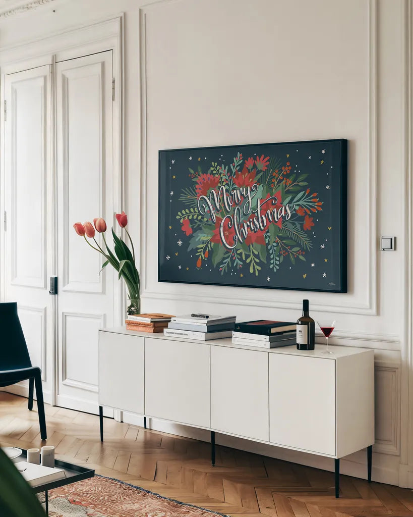 Christmas Bloom I by Janelle Penner. shown as a framed stretched canvas in a living room above a console. Available as a archival giclee rolled canvas, fine art paper, or poster print. SKU 38727i.